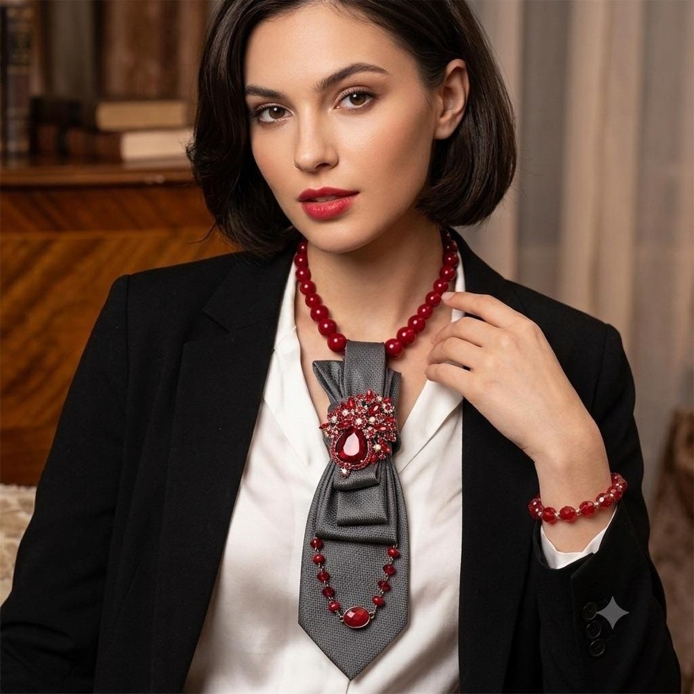 Countess Mara Repurposed Silk Tie Statement Necklace Red Rhinestone Jewelry Set